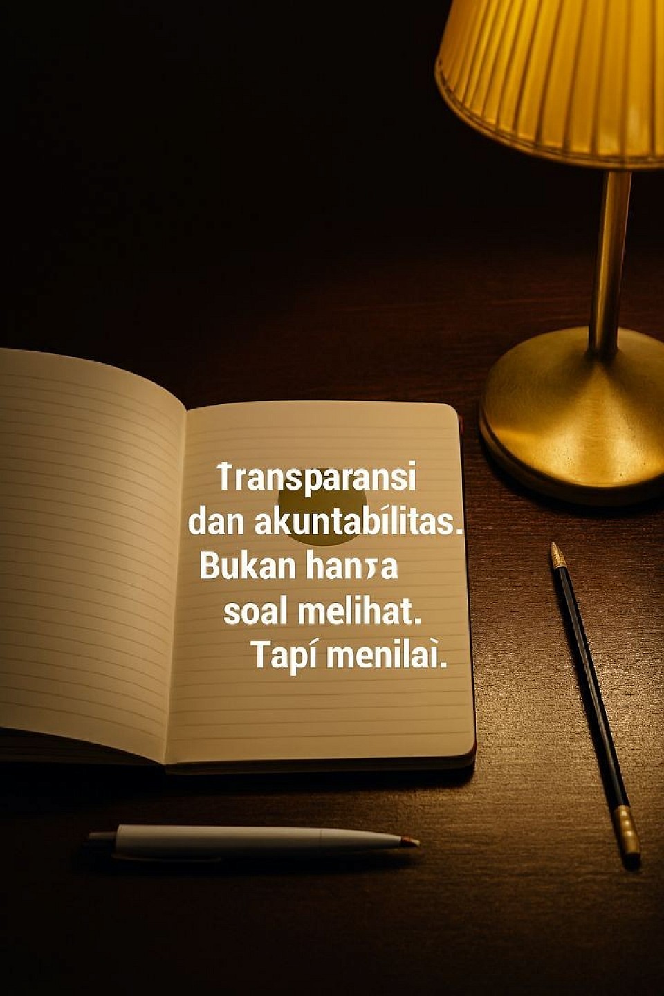 🖼️ Deskripsi Gambar Simbolik – Transparansi dan Akuntabilitas  - Objek utama: Sebuah buku catatan kosong terbuka di atas meja kayu gelap   - Pencahayaan: Diterangi oleh lampu meja kuningan dengan kap bergelombang berwarna emas   - Suasana: Hangat, tenang, dan reflektif—seperti ruang pribadi untuk berpikir dan menilai   - Elemen pendukung:   - Pulpen putih dengan aksen perak di sisi kiri buku   - Pensil hitam dengan ujung grafit mengarah ke sudut kanan bawah   - Bayangan lembut dari kap lampu jatuh di atas buku dan meja  - Teks kutipan di halaman kanan buku:   > “Transparansi dan akuntabilitas. Bukan hanya soal melihat. Tapi menilai.”  ---  🎯 Makna Simbolik Gambar  - Buku kosong melambangkan ruang untuk mencatat, menilai, dan bertanggung jawab - Lampu meja menyiratkan pencahayaan batin dan kejelasan moral - Pulpen dan pensil menunjukkan bahwa penilaian bisa ditulis, direvisi, dan dipertanggungjawabkan - Kutipan menegaskan bahwa transparansi bukan hanya soal membuka, tapi soal keberanian menilai